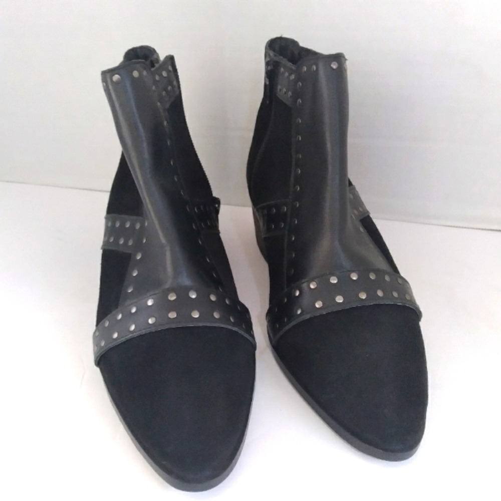 Edgy Black Studded Ankle Boot with Wooden Heel - Modern Western Inspired Booties